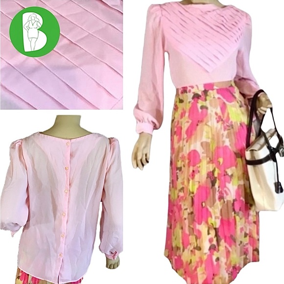 VINTAGE KLE PINK PLEATED RUFFLE BACK BUTTON PUFFED SLEEVE BLOUSE (S) - Picture 1 of 13